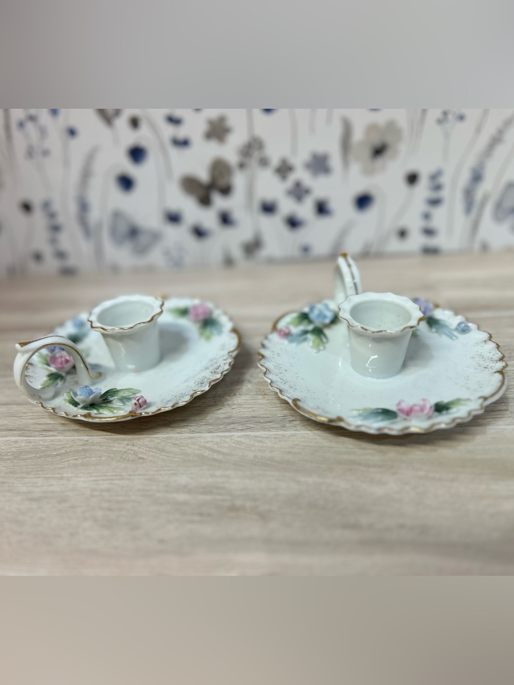 Vtg 1950s Lefton China Floral Chamberstick Candle Holders Pair KW9058P Japan